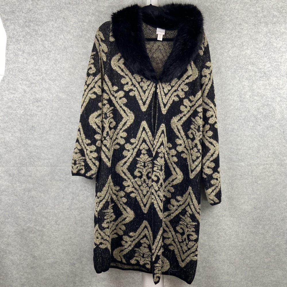Chico's Cardigan Sweater Womens 2 Black Faux Fur Collar Metallic Knit Duster